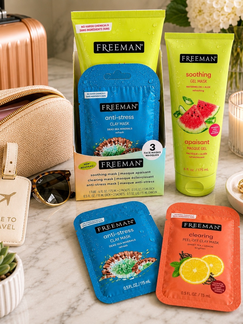 Freeman-AntiStress Clay Mask, Clearing Peel off & Soothing Gel Mask Tube Set NEW